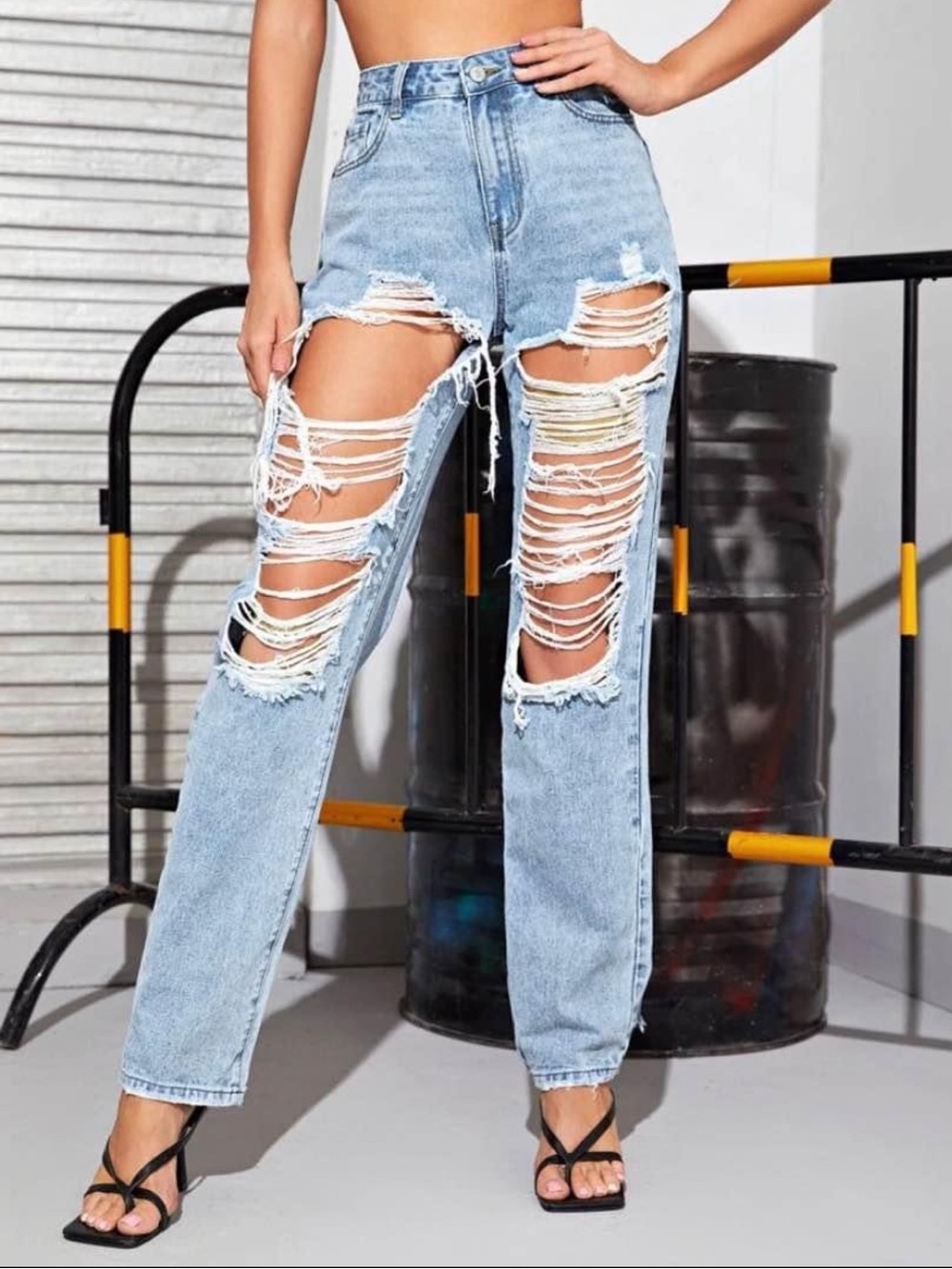 Women’s High-Rise Light Blue Wash Denim Distressed Ripped Pants Boyfriend Jeans